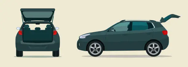 Vector illustration of CUV car with open boot. Side and back view. Vector flat style illustration.