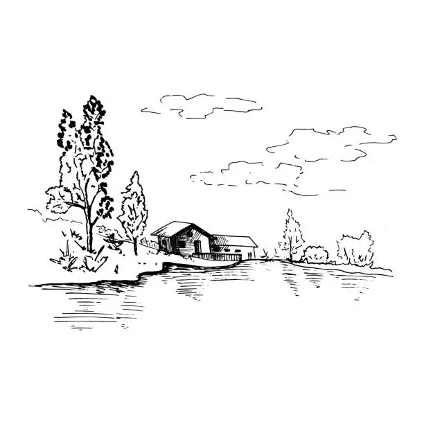 Vector illustration of Landscape sketch. Hand drawn landscape with village house, lake and trees. Sketch style vector illustration. Isolated on white.
