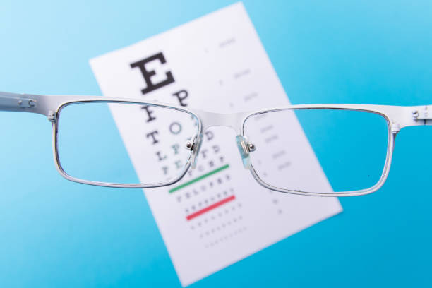 istock Hand-held glasses, view of the Snellen chart. Blue background 1183928264
