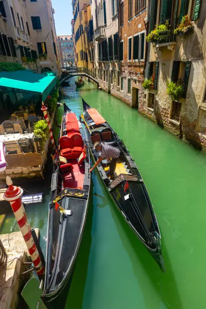 Photo of Gondolier mooring gondola in Venetian canal