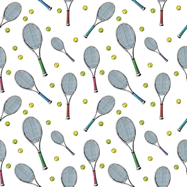 istock TTennis background. Seamless pattern of hand-drawn colored sketch style tennis racquet with yellow tennis balls on transparent background. backdrop. 1183928679