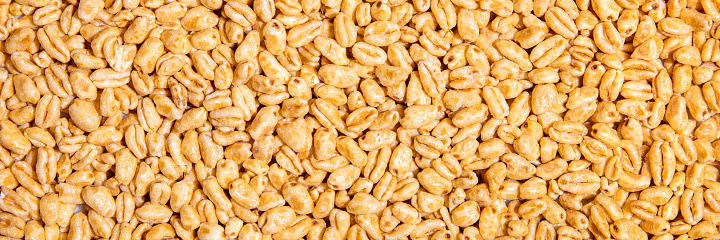 Header, puffed wheat grain background, sweet breakfast cereal