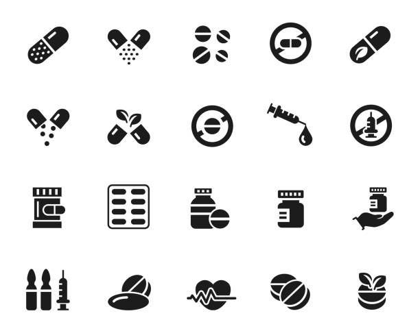 zestaw ikon narkotyków - capsule pill vitamin pill herbal medicine stock illustrations