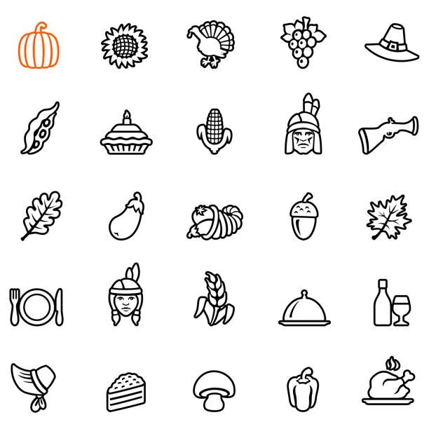illustrations, cliparts, dessins animés et icônes de ensemble d'icônes de thanksgiving - culture indienne dinde