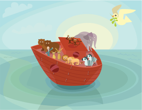A group of animals on an ark floating in the water with a dove flying overhead. Animals included are bears, elephants, lions, zebras, deer, monkeys and a bird also one man.