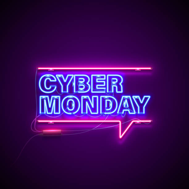 neon cyber monday Bright signage. Neon Cyber Monday signboard. Retro neon sign on dark background with text Cyber Monday. Ready for your design, banner, advertising, business. Vector illustration. monday night stock illustrations