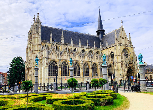 Brussels / Belgium - July 8, 2019: The Church of Our  Blessed Lady of the Sablon. Notre Dame du Sablon's Cathedral in Brussels, Belgium. Catholic church.