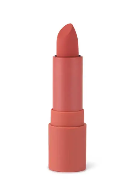 Red lipstick isolated on white. Velvet matte satin lip stick new open.