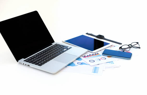Modern Desktop With Laptop, digital tablet, mobile phone, watch