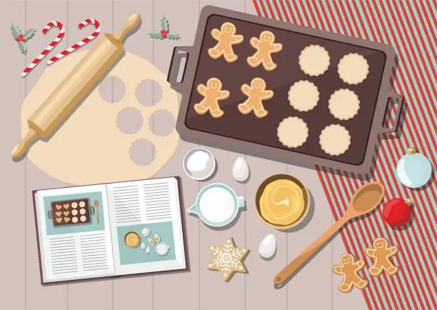 Vector illustration of Bakery background with ingredients for cooking christmas baking. Sugar, eggs and spices on kitchen table,top view.