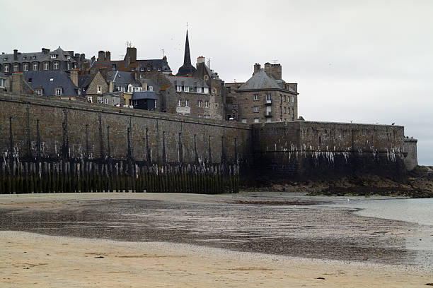 Saint Malo, Bretagne, France : Beautiful view taken in height : beach of Sillon, point of the varde, hotel des Ambassadeurs, island of Cézembre, ramparts of Intramuros. Beautiful weather, great sun and blue sky, heavenly place for holidays