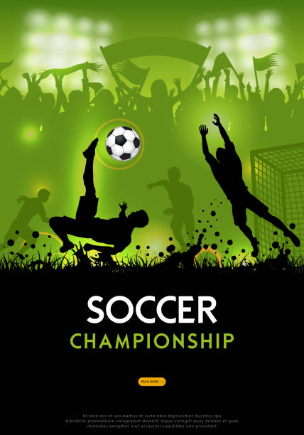 Soccer Championship Poster Soccer championship poster with silhouettes football players, soccer ball and silhouettes fans, vector illustration match sport stock illustrations