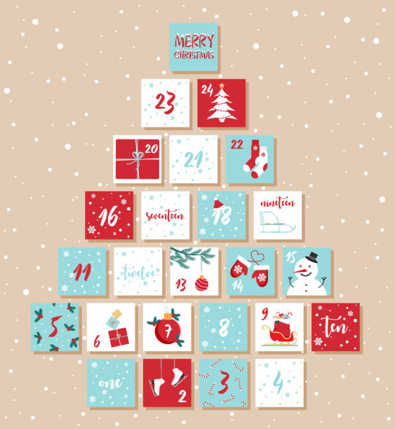 Vector Christmas advent children calendar. Vector Christmas advent calendar. Winter holidays poster with dates. Cute decoration xmas day celebration. advent calendar stock illustrations