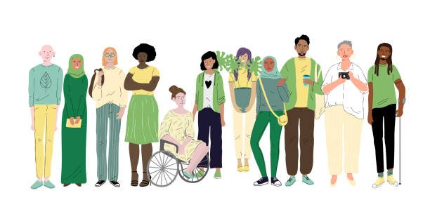 ilustraciones, imágenes clip art, dibujos animados e iconos de stock de grupo de diferentes jóvenes. diversidad social - disabled adult