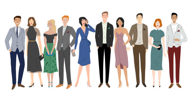 Group of diversity business people standing together Group of diversity business people standing together cocktail dress stock illustrations