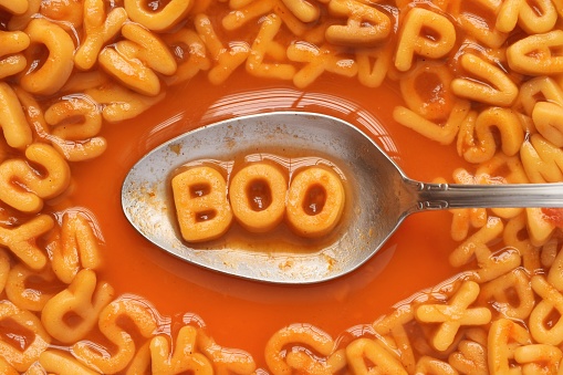 Word BOO in a bowl of soup
