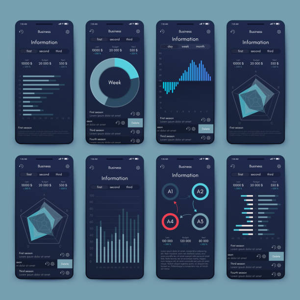 illustrazioni stock, clip art, cartoni animati e icone di tendenza di la grafica vettoriale imposta l'infografica mobile. vettore stock - marketing equipment touch screen flow chart