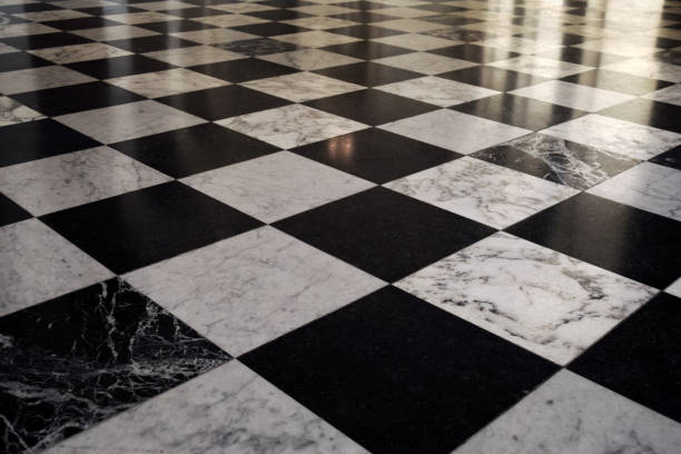 Black and white chess tile floor pattern stock photo