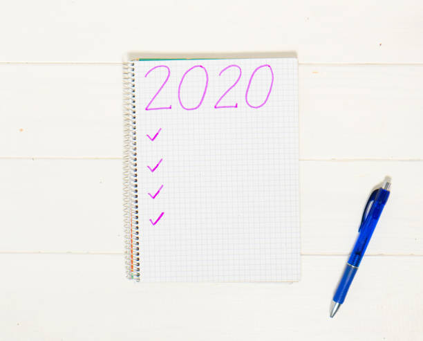 istock New Year's goals on the white wooden table. Notepad with pen. 1183946863