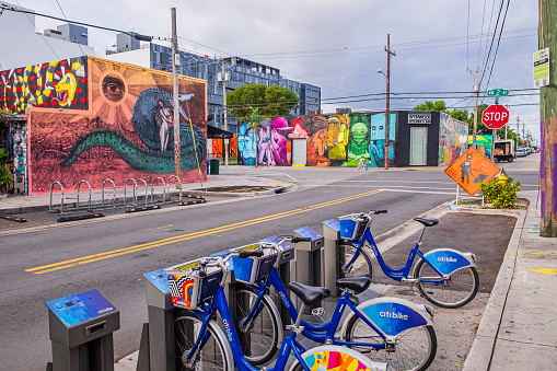 Streets of Wynwood, a former industrial district of Miami redeveloped with colorful murals that cover the walls of many of the buildings.