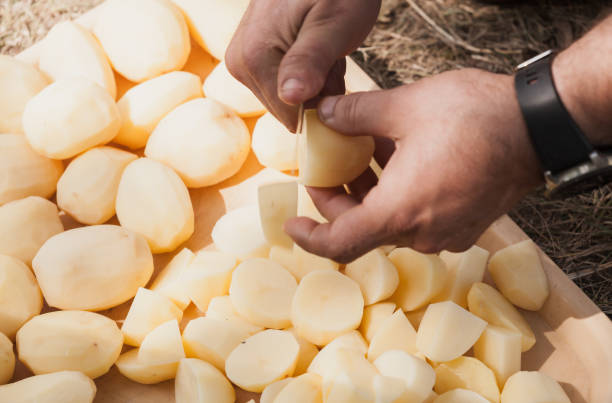 istock Man slicing raw potatoes on pieces 1183947426
