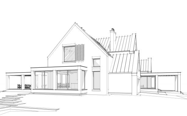 istock 3d rendering of modern clinker house on the ponds with pool black line on white background 1183952074