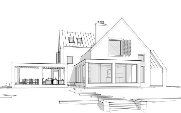 istock 3d rendering of modern clinker house on the ponds with pool black line on white background 1183952076