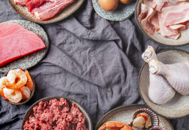 istock Selection protein sources. Seafood, Meat, megs and fat. Zero carbs diet concept 1183952191