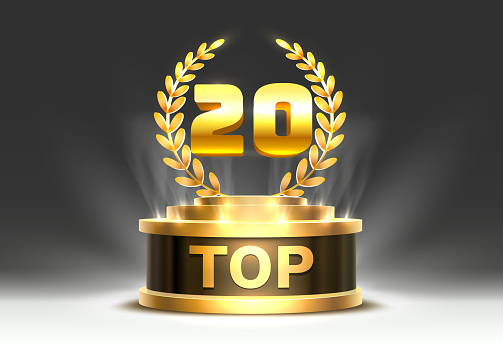 Top 20 best podium award sign, golden object. Vector illustration