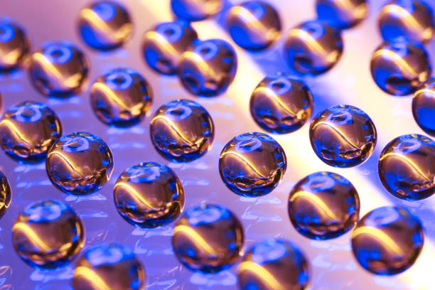 White industrial or technology background with shiny blue balls and abstract connection pipes. 3D illustration
