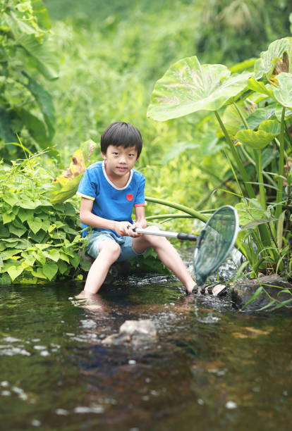 istock Child playing by a stream fishing 1183954441