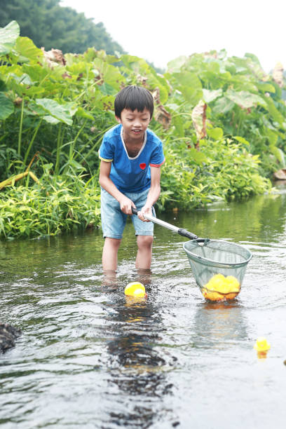 istock Child playing by a stream fishing 1183954845