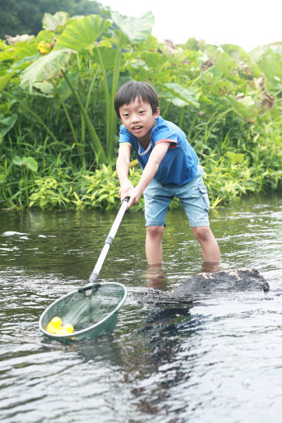 istock Child playing by a stream fishing 1183954905