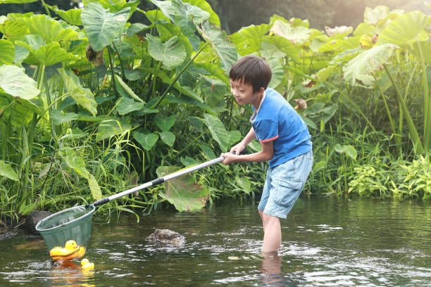 istock Child playing by a stream fishing 1183955009