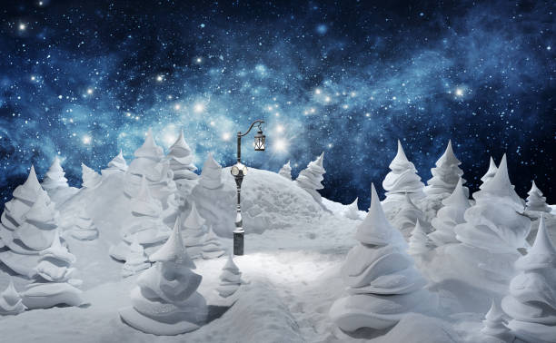 겨울. 크리스마스 인사말 카드 템플릿 3d 렌더링 그림입니다. 즐거운 성탄절. 눈표류와 눈 덮인 전나무 나무와 겨울 휴가 풍경입니다. 얼음 자연 배경입니다. - sky natural phenomenon fairy chimney 뉴스 사진 이미지