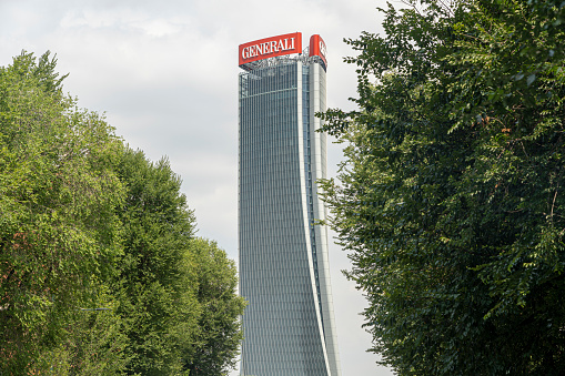 Milan, Italy - August 2, 2019: Milan, Lombardy, Italy: the modern Hadid tower in Citylife, seen from via Buonarroti