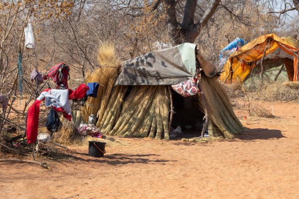 Group of shacks in a refugee camp in Africa Group of shacks in a refugee camp in Africa made from thatching grass desert wash stock pictures, royalty-free photos & images