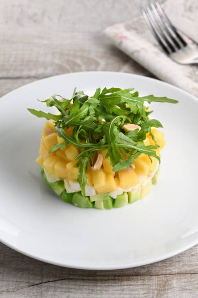 istock Fresh avocado, mango, mozzarella and arugula salad seasoned with nuts 1183965325