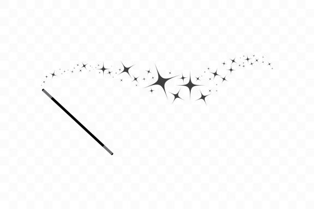 Magic wand with a stars. Trace of black dust. Magic abstract background isolated on on transparent background. Miracle and magic. Vector illustration flat design. vector art illustration