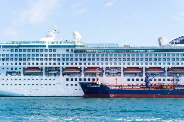 ein großes kreuzfahrtschiff liegt im hafen von sydney. - sydney harbor australia financial district cruise ship stock-fotos und bilder