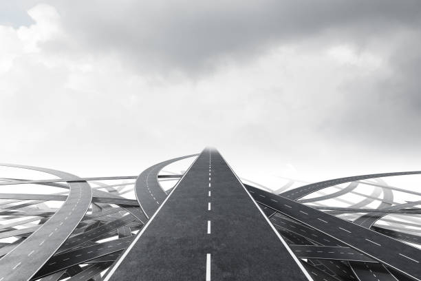 Tangled roads and cloudy sky Tangled highway roads over cloudy sky background concept of travel, tourism and choice. 3d rendering maze road street confusion stock pictures, royalty-free photos & images