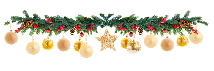 Christmas garland with golden balls on isolated white background