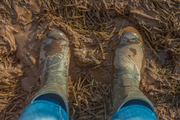 Top View of Muddy Wellington Boots in a Farmer's Field in Scotland