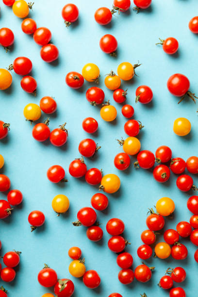 istock Red and yellow cherry tomatoes on blue background. Fresh bright organic vegetables 1183970417