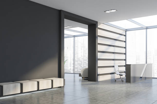 istock Reception in gray and wooden office corner 1183970436