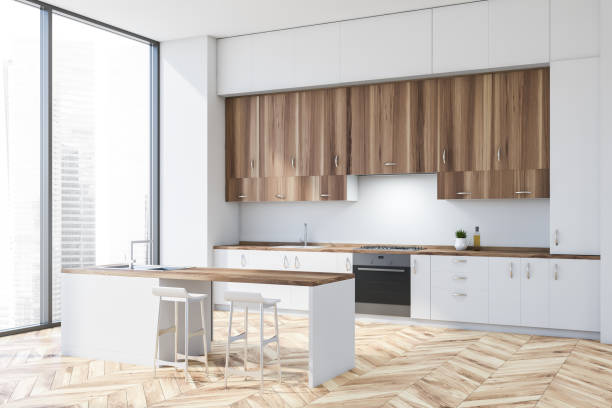istock White and wood kitchen corner with bar 1183971038