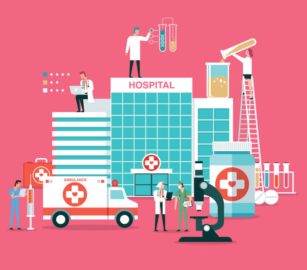 Medical hospital building stock illustration Medical examination infographic concept. Medicine healthcare. research facility exterior stock illustrations