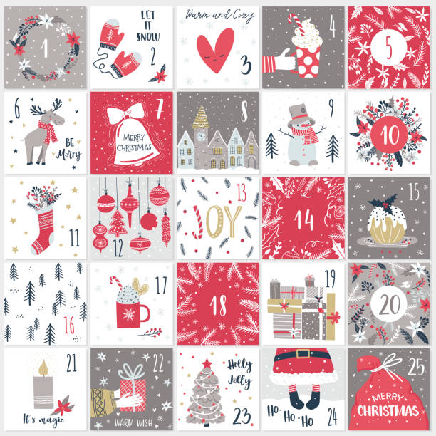 ilustraciones, imágenes clip art, dibujos animados e iconos de stock de calendario de adviento navideño. cuenta atrás hasta el kit de navidad - calendario adviento