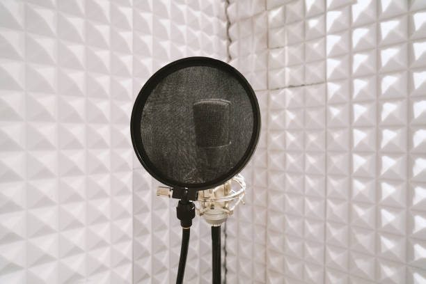 istock microphone on mic stand in soundproof isolation booth for vocal recording at sound studio 1183972500