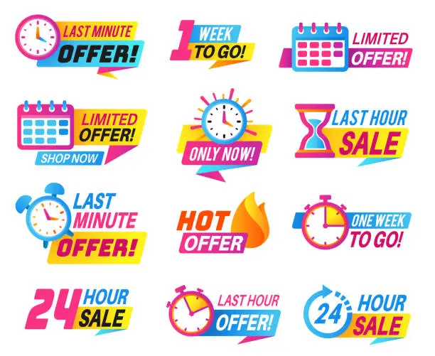 Vector illustration of Sale countdown badges. Big deal, limited sale announcement. Promo stickers last day, hour and minute timer. Best offer labels vector set